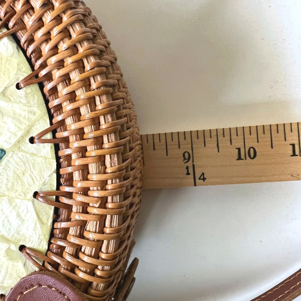 Round Rattan Crossbody Bag Capiz Shell Mosaic Boho Coastal Woven Purse - Picture 12 of 14